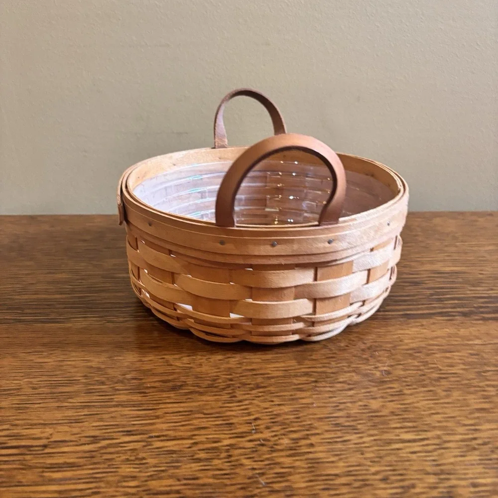 Longaberger Darning Basket 15504 Wood Lid Protector Leather Handles USA w/ Card